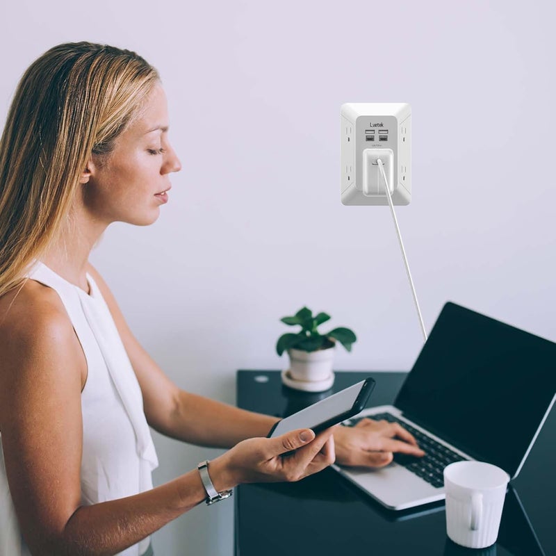Lvetek Outlet Extender, Surge Protector Outlet with 5-Multi Plug Outlet and 4 USB Ports(2 USB C), 3-Sided 1680J Power Strip Wall Charger, Multiple-Plug Outlet Splitter for Home Travel Office,ETL Listed,White - Image 4